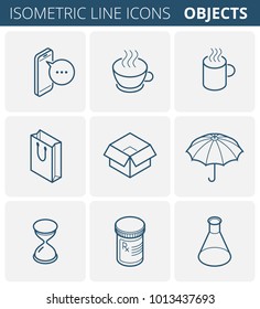 Isometric outline icon set. Vector linear symbols collection. Flat line icons of objects: mobile phone, umbrella, pill bottle, cup, mug, paper bag, cardboard box, clock-sand, laboratory flask.