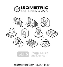 Isometric outline icons, 3D pictograms vector set 6 - Photo music and device symbol collection