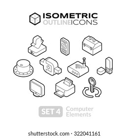 Isometric outline icons, 3D pictograms vector set 4 - computer symbol collection