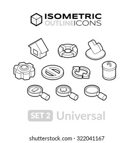 Isometric outline icons, 3D pictograms vector set 2 - universal symbol collection