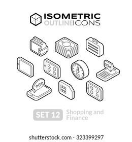 Isometric Outline Icons, 3D Pictograms Vector Set 12 - Shopping And Finance Symbol Collection