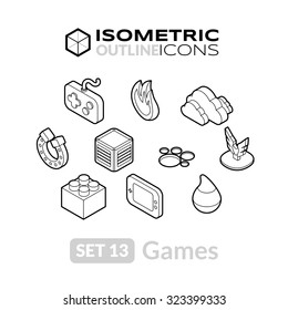 Isometric outline icons, 3D pictograms vector set 13 - Games symbol collection