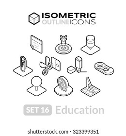 Isometric Outline Icons, 3D Pictograms Vector Set 16 - Education Symbol Collection