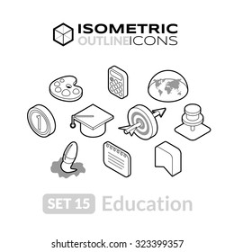 Isometric Outline Icons, 3D Pictograms Vector Set 15 - Education Symbol Collection