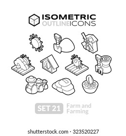 Isometric outline icons, 3D pictograms vector set 21 - Farm and farming symbol collection