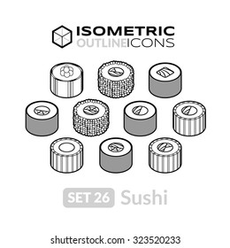 Isometric outline icons, 3D pictograms vector set 26 - Sushi symbol collection