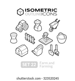 Isometric outline icons, 3D pictograms vector set 22 - Farm and farming symbol collection