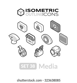 Isometric outline icons, 3D pictograms vector set 38 - Media symbol collection