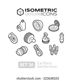 Isometric Outline Icons, 3D Pictograms Vector Set 36 - Car Parts And Services Symbol Collection