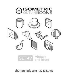 Isometric outline icons, 3D pictograms vector set 49 - Vintage and retro symbol collection