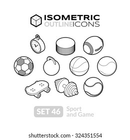 Isometric outline icons, 3D pictograms vector set 46 - Sport and game symbol collection