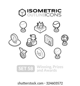 Isometric outline icons, 3D pictograms vector set 58 - Winning, Prizes and awards symbol collection