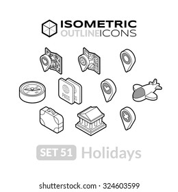 Isometric outline icons, 3D pictograms vector set 51 - Holidays symbol collection