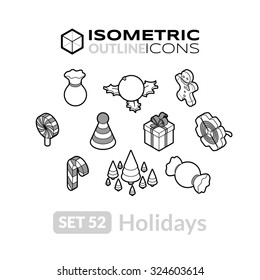 Isometric outline icons, 3D pictograms vector set 52 - Holidays symbol collection