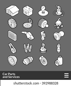 Isometric outline icons, 3D pictograms vector set - Car parts and services symbol collection