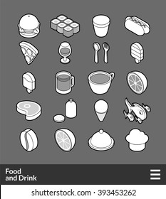 Isometric Outline Icons, 3D Pictograms Vector Set - Food And Drink Symbol Collection