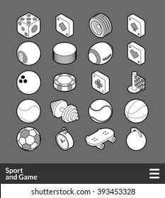 Isometric outline icons, 3D pictograms vector set - Sport and game symbol collection