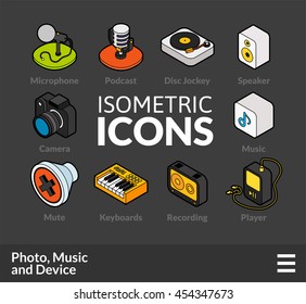 Isometric outline icons, 3D pictograms vector set 6 - Photo music and device symbol collection