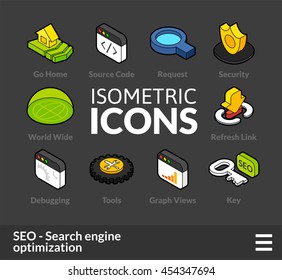 Isometric outline icons, 3D pictograms vector set 8 - Search engine optimization symbol collection