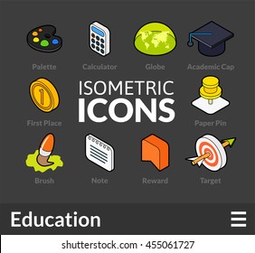 Isometric outline icons, 3D pictograms vector set 15 - Education symbol collection