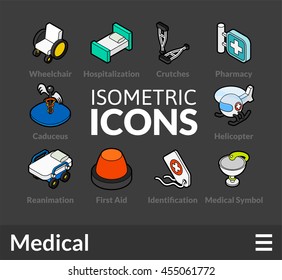 Isometric outline icons, 3D pictograms vector set 20 - Medical symbol collection
