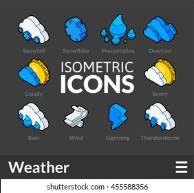 Isometric outline icons, 3D pictograms vector set 23 - Weather symbol collection