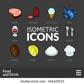 Isometric outline icons, 3D pictograms vector set 56 - Food and drink symbol collection