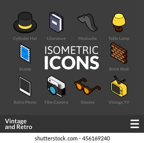 Isometric outline icons, 3D pictograms vector set 49 - Vintage and retro symbol collection