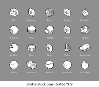 Isometric outline icons, 3D pictograms vector set - Sport and game symbol collection