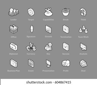 Isometric Outline Icons, 3D Pictograms Vector Set - Business Symbol Collection