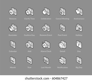 Isometric outline icons, 3D pictograms vector set - Calendar symbol collection