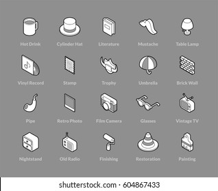 Isometric outline icons, 3D pictograms vector set - Vintage and retro symbol collection