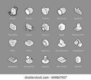 Isometric outline icons, 3D pictograms vector set - Photo music and device symbol collection