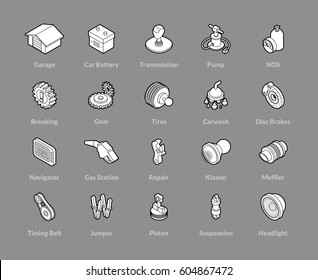 Isometric outline icons, 3D pictograms vector set - Car parts and services symbol collection