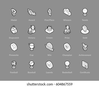 Isometric outline icons, 3D pictograms vector set - Winning, Prizes and awards symbol collection