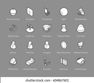 Isometric outline icons, 3D pictograms vector set - Medical symbol collection