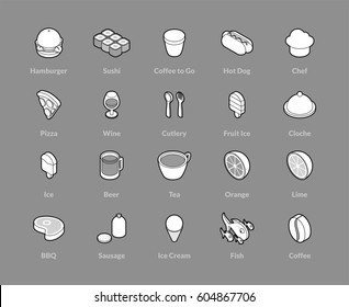 Isometric outline icons, 3D pictograms vector set - Food and drink symbol collection
