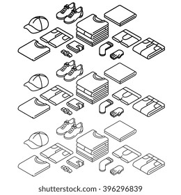 Isometric outline icons, vector set, clothes. Thin line icons.