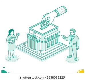 Isometric outline illustration of a large hand placing a dollar coin into a bank. A man and woman stand nearby discussing financial matters. Banking, investment, and savings.