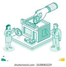 Isometric outline illustration of a large hand placing a dollar coin into a bank. A man and woman stand nearby discussing financial matters. Banking, investment, and savings.