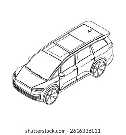 Isometric outline of a large family minivan in clean line art. Perfect for travel apps, brochures, or educational visuals.