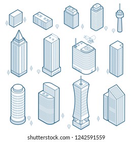 Isometric outline modern buildings set. Isometric city skyscrapers icons isolated on white backround. Linear pictograms of urban architecture. Elements for your design. Vector eps 10.