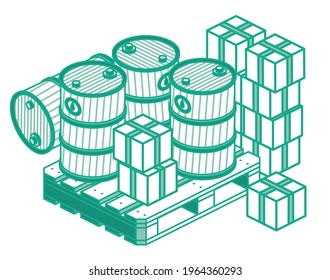 Isometric Outline Oil Barrels and Boxes On Wooden Pallet. Vector Illustration. Isolated Objects. Logistic Concept.