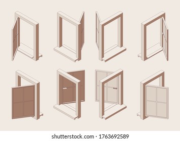 Isometric outline open window with sill isolated on background