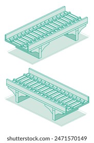 Puente isométrico de ferrocarril. Ilustración vectorial. Urbana infraestructura. Puente ferroviario vacío.