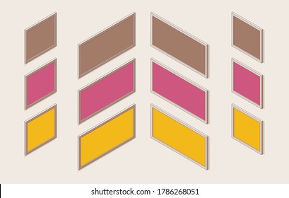 Isometric outline set of frames for photos, paintings, mirrors. Pink, yellow, brown