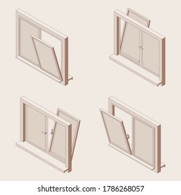 Isometric outline set of open windows, double-glazed windows. 3d illustration