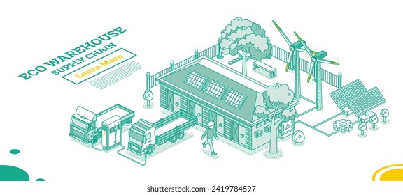 Esbozo isométrico pequeño almacén de OCE. Energía limpia. Paneles solares y turbinas eólicas. Parte de la cadena de suministro. Almacenes de almacén con camiones aislados de fondo blanco. Energía renovable.