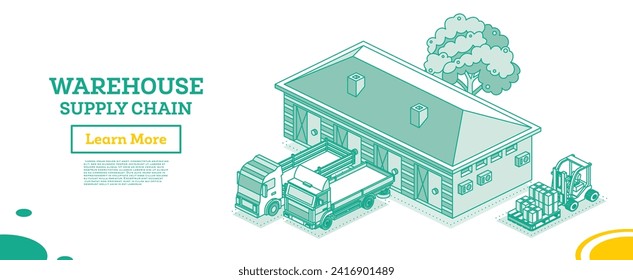 Isometric outline small warehouse. Part of supply chain. Warehouse storage facilities with trucks isolated on white background. Vector illustration. Loading discharging terminal.