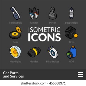 Isometric outline t icons, 3D pictograms vector set 36 - Car parts and services symbol collection